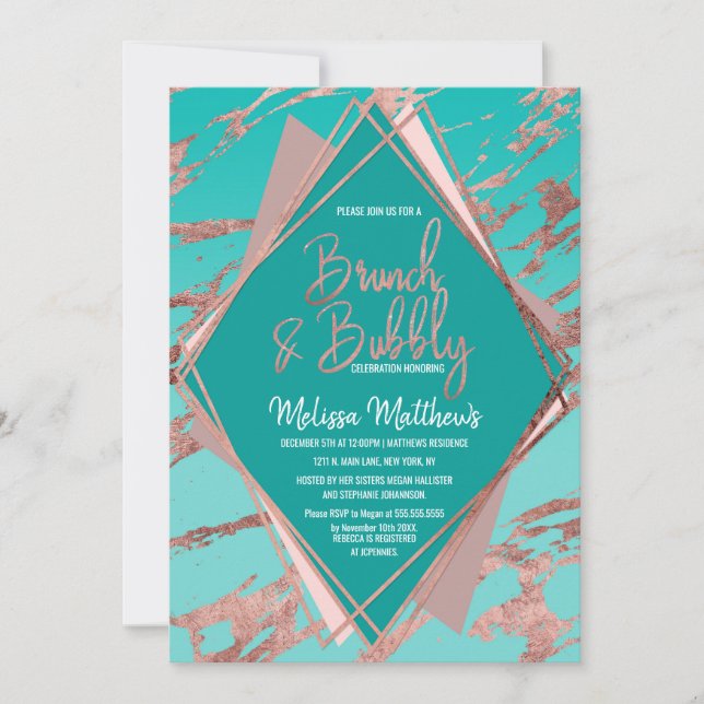 Invitación Rosa de oro Verde azulado brunch de mármol verde (Anverso)