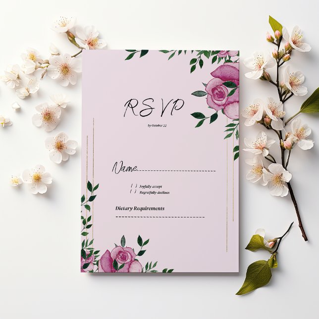 Invitación Rosa de oro verde lila acuarela floral RSVP (Watercolor lilac green gold rose floral RSVP )