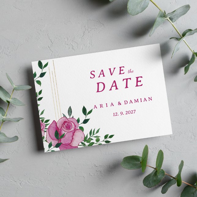 Invitación Rosa de oro verde lila botánica floral Guardar la  (Botanic lilac green gold rose floral Save the Date)