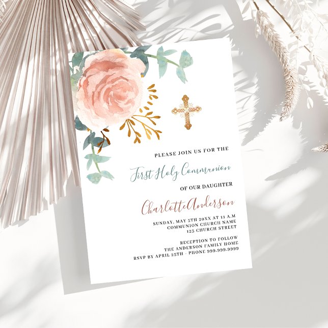 Invitación Rosa de oro verde lujo primera comunión sagrada (Subido por el creador)