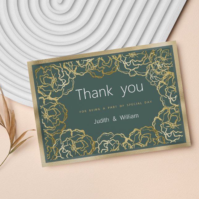 Invitación Rosa de oro verde oxidado romántico floral Gracias (Romantic dusty green gold rose floral Thank You)