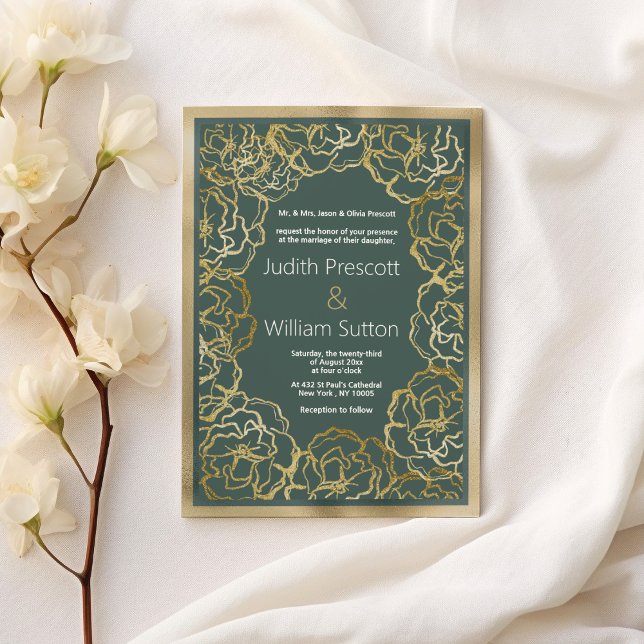 Invitación Rosa de oro verde polvoriento romántico Boda flora (Romantic dusty green gold rose floral Wedding )