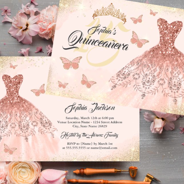 Invitación Rosa de oro Vestido de mariposa Quinceanera (Subido por el creador)