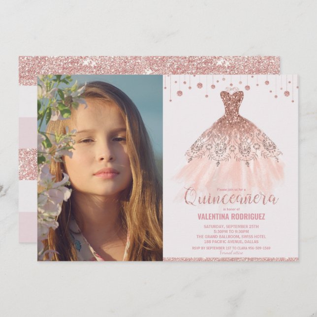 Invitación Rosa de Oro Vestido Quinceañera 15º cumpleaños Fot (Anverso / Reverso)