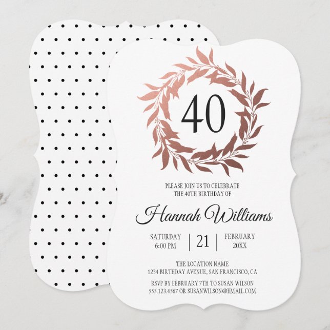 Invitación Rosa de Oro Wreath 40 Fiesta de cumpleaños (Anverso / Reverso)