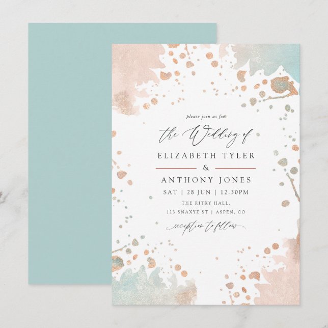 Invitación Rosa de oro y Boda de bandeja de pintura rosa Rubo (Anverso / Reverso)