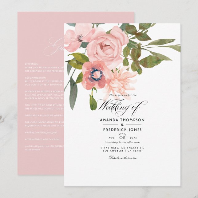 Invitación Rosa de oro y Boda de flores rosadas Rubor (Anverso / Reverso)
