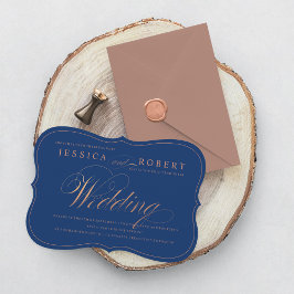 Invitación Rosa de oro y Boda de guión elegante azul de la Ma