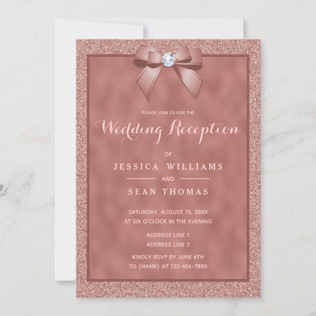 Invitación Rosa de Oro y Elegante Recepción de Boda Purpurina (Anverso)