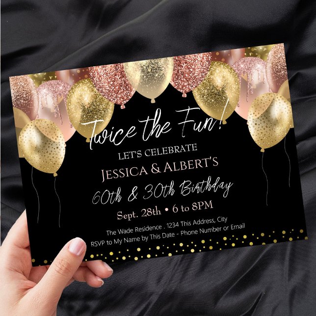 Invitación Rosa de oro y globos de oro de doble cumpleaños (Subido por el creador)
