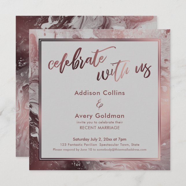 Invitación Rosa de oro y mármol gris claro celebra con nosotr (Anverso / Reverso)