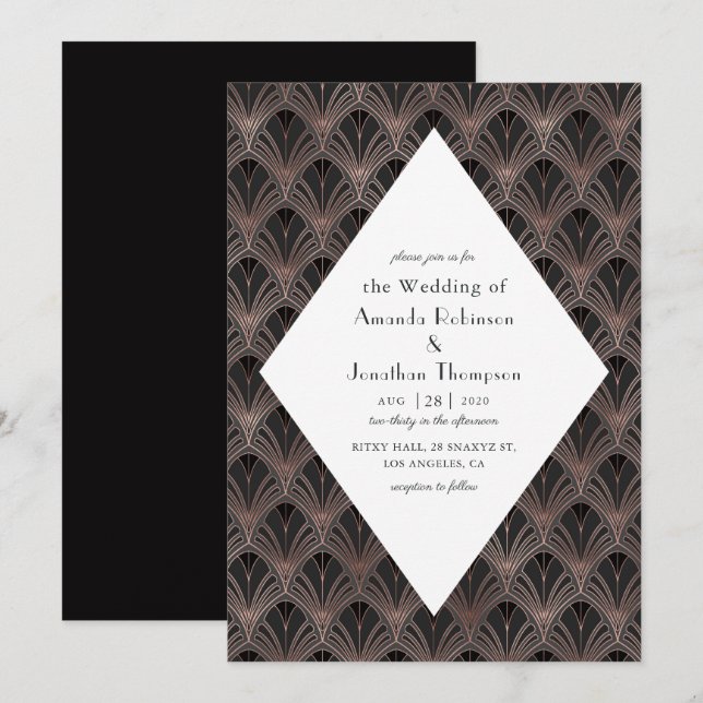 Invitación Rosa de oro y negro Boda Art Deco (Anverso / Reverso)