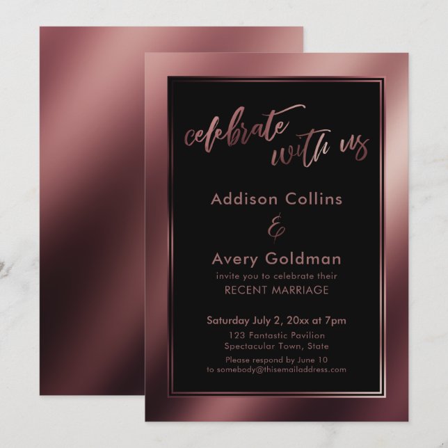Invitación Rosa de oro y negro celebra con nosotros (Anverso / Reverso)