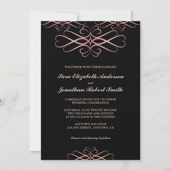 Invitación Rosa de oro y negro, elegante Boda floreciente (Anverso)
