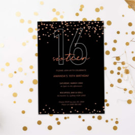Invitación Rosa de oro y purpurina negro brillan 16 años