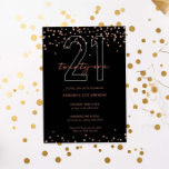 Invitación Rosa de oro y purpurina negro brillan 21 años<br><div class="desc">Esta magnífica 21ª invitación incluye discos de destello de oro rosa sobre fondo negro. Para una personalización más avanzada de este diseño,  por ejemplo,  cambiar el diseño,  el tamaño de letra o el tamaño del texto,  haga clic en el botón "PERSONALIZAR" de arriba. Por favor,  contáctame para cualquier pregunta.</div>