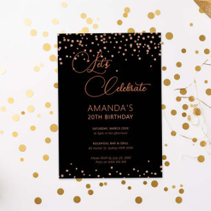 Invitación Rosa de oro y purpurina negro brillan cumpleaños