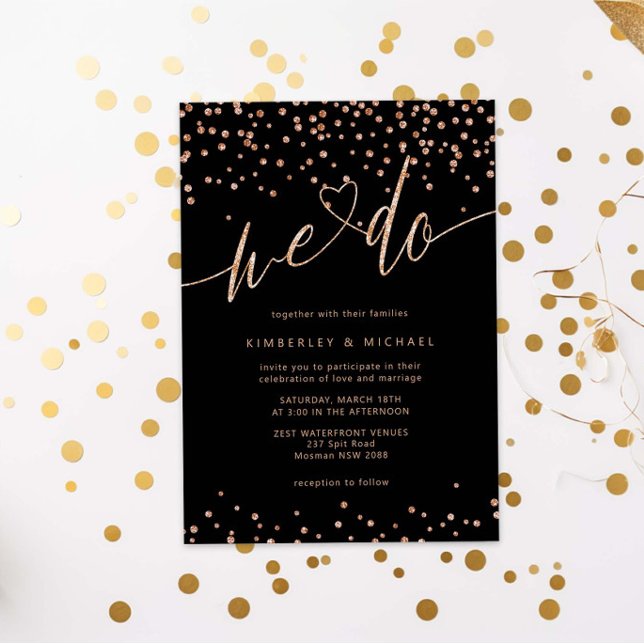 Invitación Rosa de oro y Purpurina negro Esparkle We Do Boda (Subido por el creador)