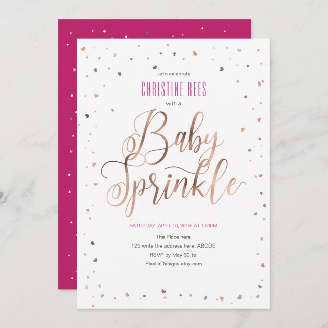 Invitación Rosa de oro y rosa, Moderno, Chica, Baby Sprinkle (Anverso / Reverso)