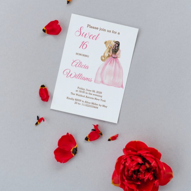 Invitación Rosa de Oso de Teddy Moderno Dulce Dieciséis Cumpl (Subido por el creador)