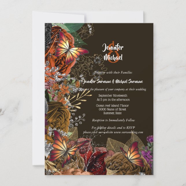 Invitación Rosa de otoño mariposa de plata de oro follaje de  (Anverso)