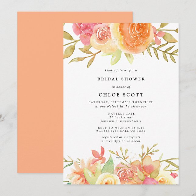 Invitación Rosa de otoño moderno flores ducha de novia (Anverso / Reverso)