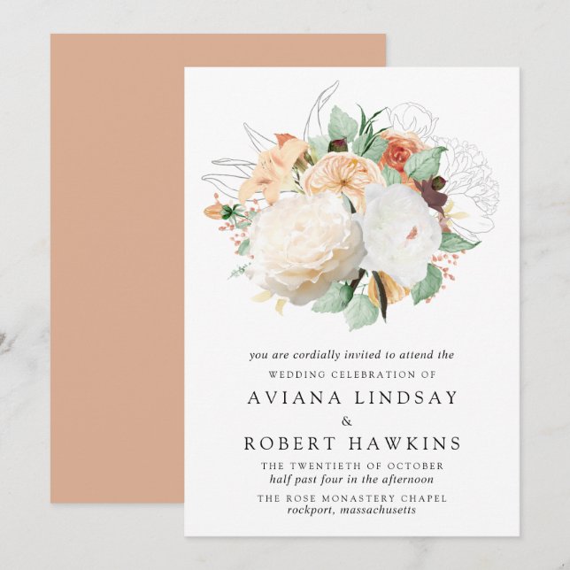 Invitación Rosa de otoño moderno y Boda Peony Bouquet (Anverso / Reverso)