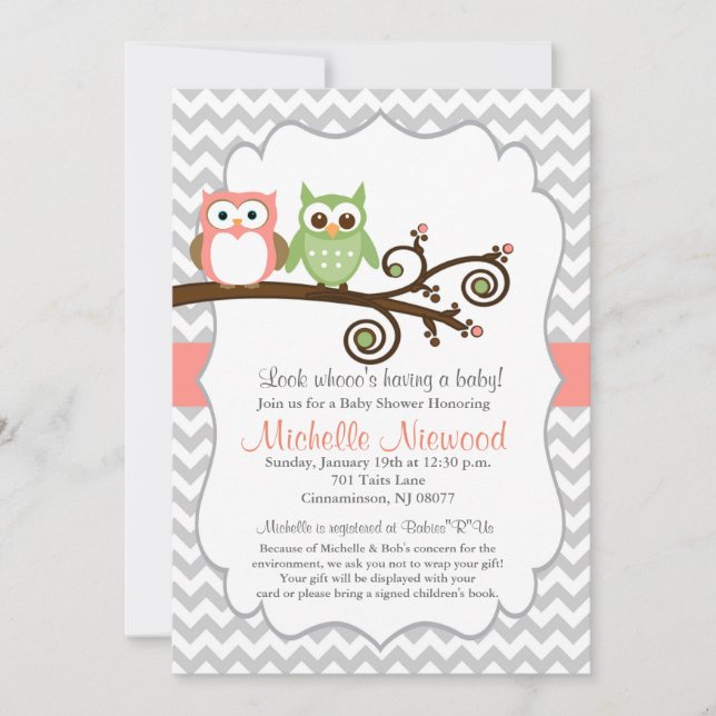 Invitación rosa de Owl Baby Shower (Anverso)