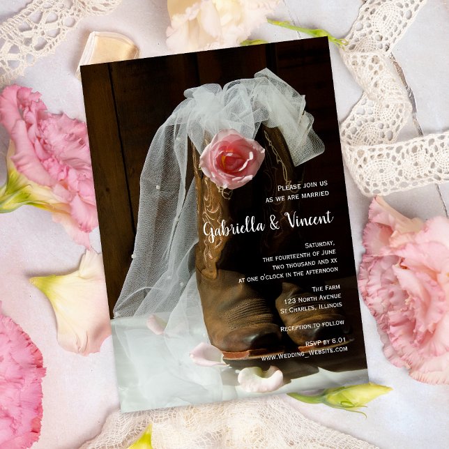 Invitación Rosa de país y vaquero bota a Boda occidental (Subido por el creador)