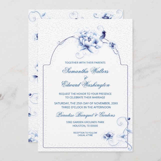 Invitación Rosa de pájaro azul Chinoiserie Floral | BODA (Anverso / Reverso)