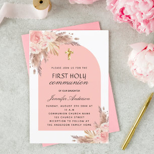 Invitación Rosa de pampas cruz de oro primera comunión sagrad