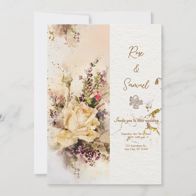 Invitación Rosa de papel de Moda de Purpurina floral Boda tex (Anverso)
