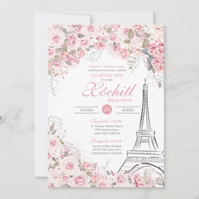 Invitación Rosa de París Florencia Jardín Rosa Quinceanera (Anverso)