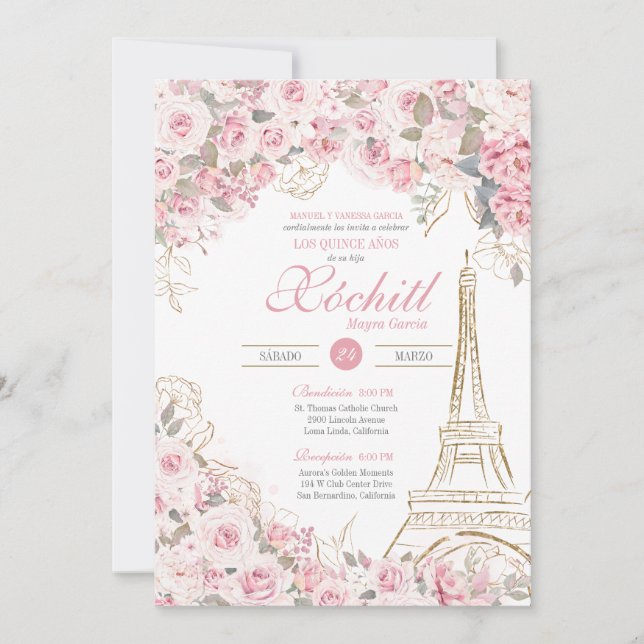 Invitación Rosa de París Florencia Jardín Rubor rosa Quincean (Anverso)