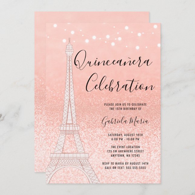 Invitación Rosa de París Purpurinas de oro iluminan Quinceañe (Anverso / Reverso)