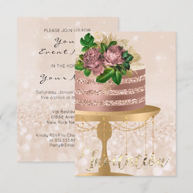 Invitación Rosa de pasteles de oro Cristales de Creamy Confet (Anverso / Reverso)