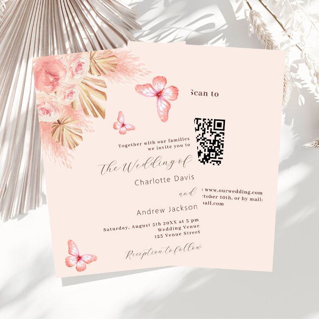 Invitación Rosa de pasto de mariposa pampas oro QR RSVP boda (Subido por el creador)