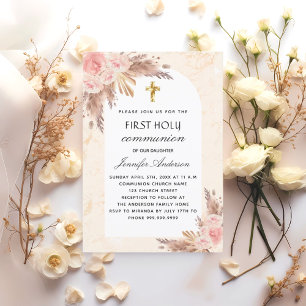 Invitación Rosa de pasto de Pampas primera comunión sagrada