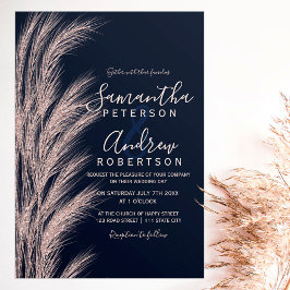 Invitación Rosa de pasto de pampas purpurina de oro boda azul