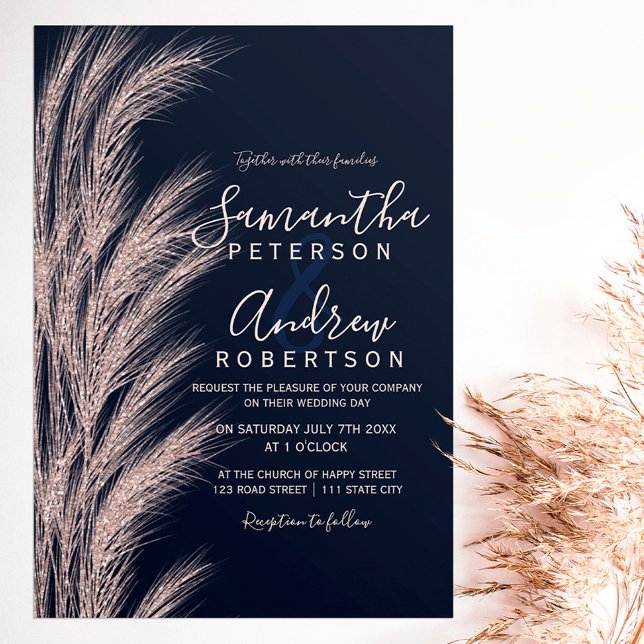 Invitación Rosa de pasto de pampas purpurina de oro boda azul (Subido por el creador)