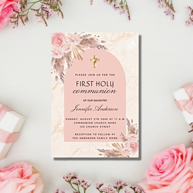 Invitación Rosa de pasto de Pampas ruge primera comunión sant (Subido por el creador)