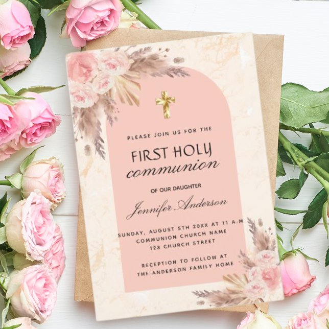 Invitación Rosa de pasto de Pampas ruge primera comunión sant (Subido por el creador)