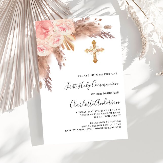 Invitación Rosa de pasto pampas cruz de rubia primera comunió (Subido por el creador)