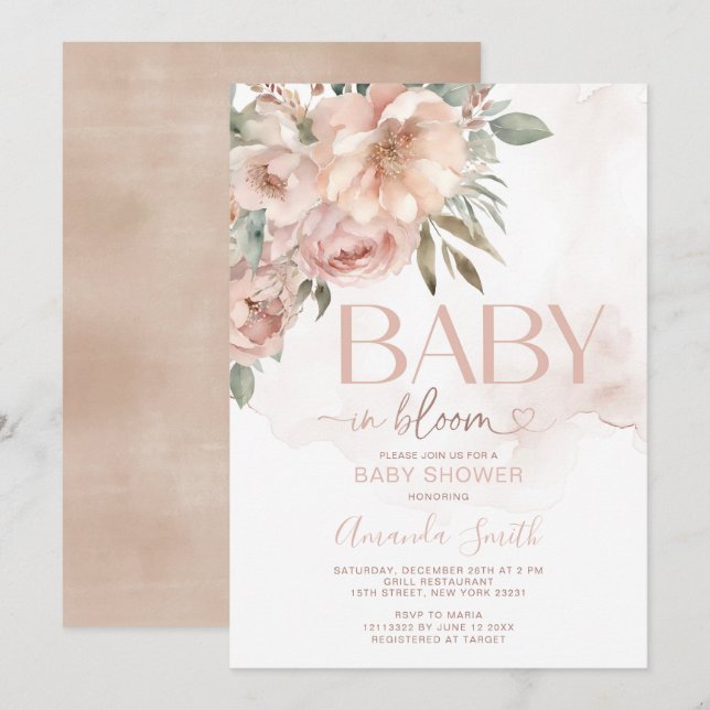 Invitación Rosa De Peach Flowers Baby In Bloom Baby Shower (Anverso / Reverso)