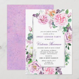 Invitación Rosa de peones rosados morados Dulce floral 16 Fie