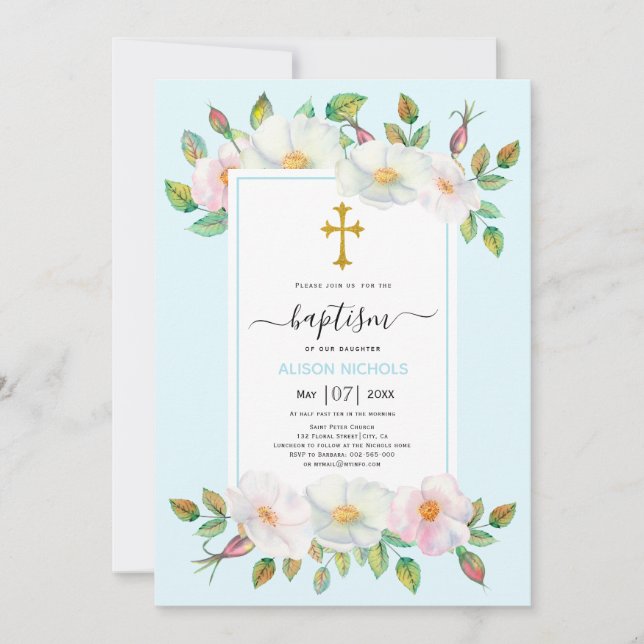 Invitación Rosa de perro salvaje blanco azul pálido floral Ba (Anverso)