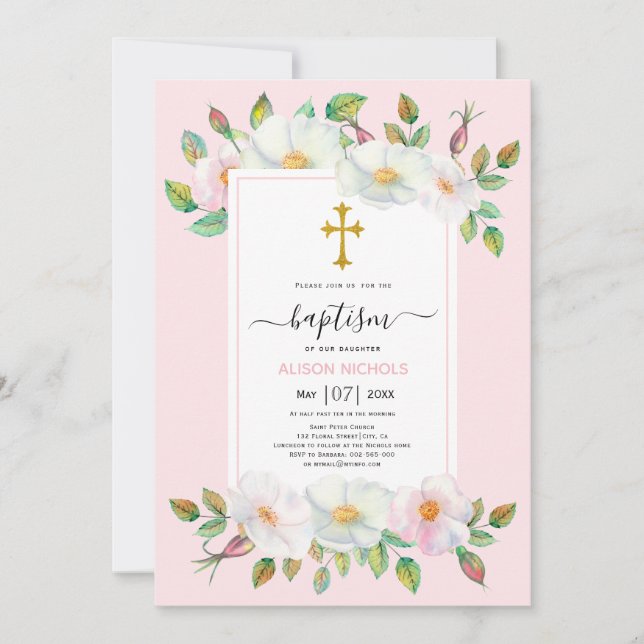 Invitación Rosa de perro salvaje blanco rosa rosa floral Baut (Anverso)