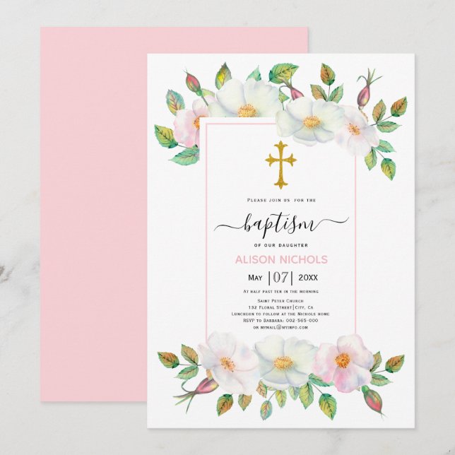 Invitación Rosa de perro salvaje blanco y rosa Bautismo flora (Anverso / Reverso)