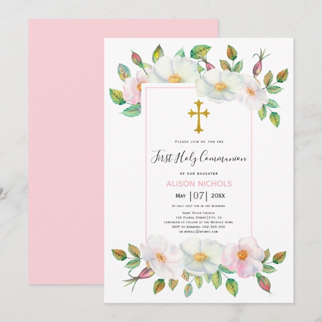 Invitación Rosa de perro salvaje blanco y rosa floral Primera (Anverso / Reverso)