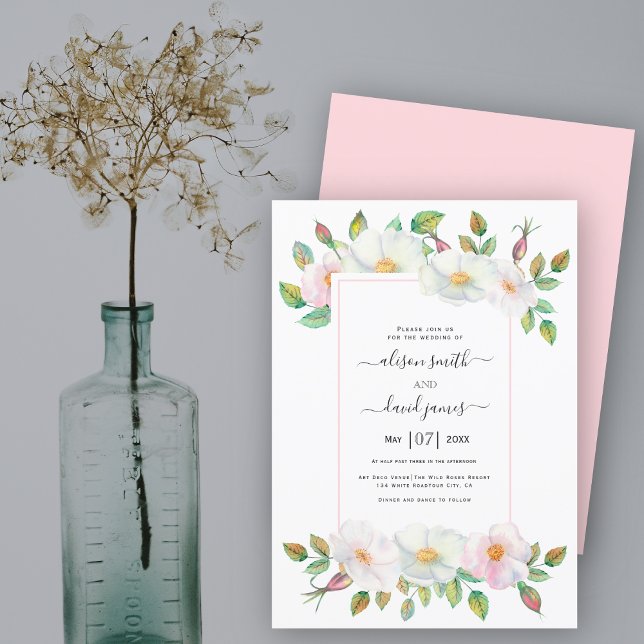 Invitación Rosa de perro salvaje blanco y rosa rubor boda flo (Subido por el creador)